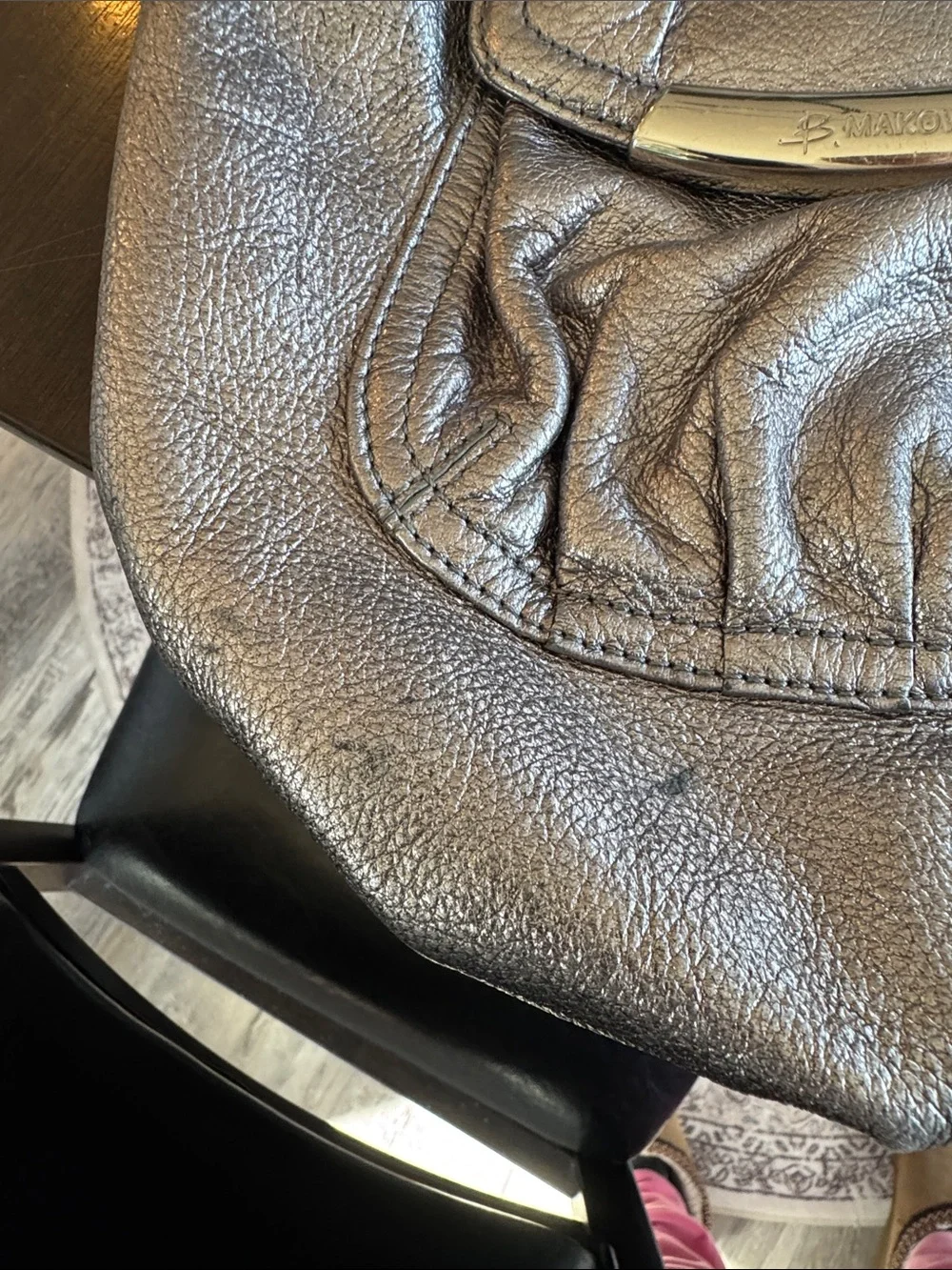 b. makowsky Metallic Gray Leather Hobo Shoulder Bag